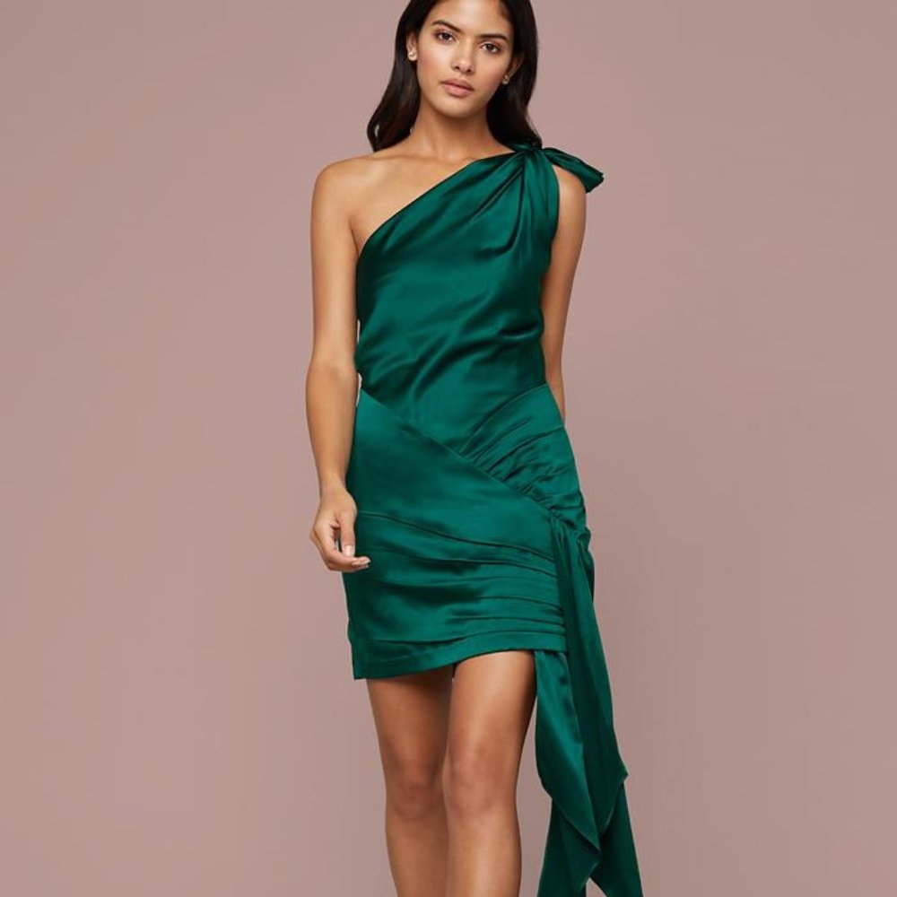 Green satin one shoulder dress
